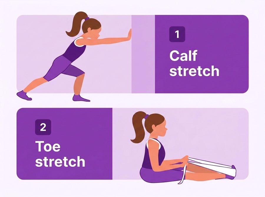 Illustrated guide showing a calf stretch and a toe stretch