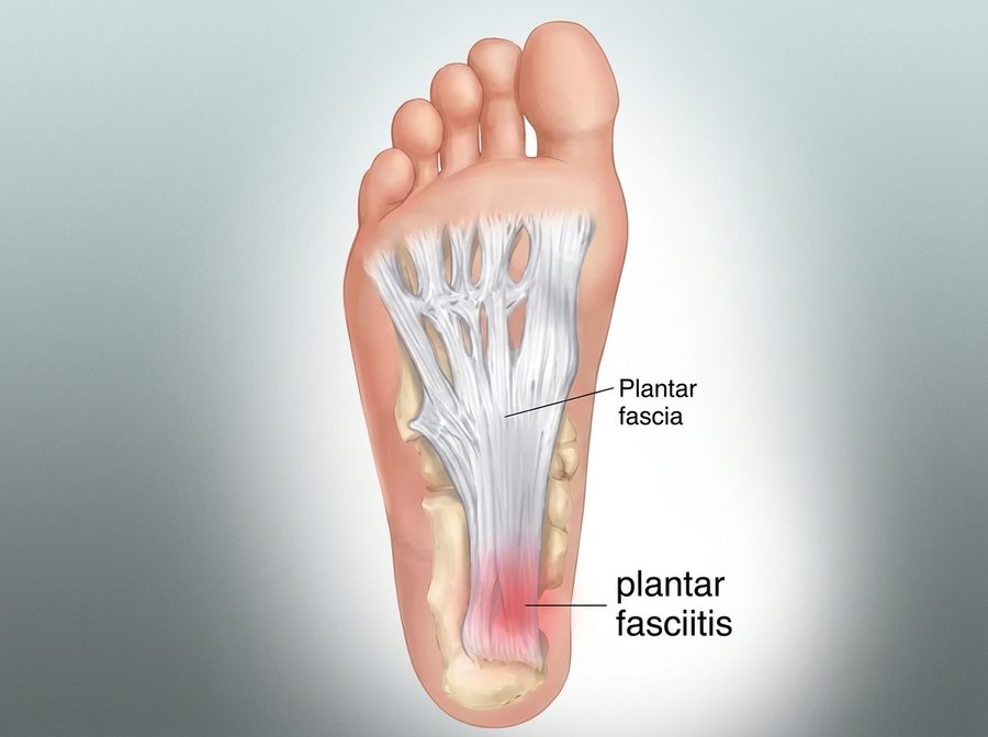 Illustration of the plantar fascia on the sole of a foot
