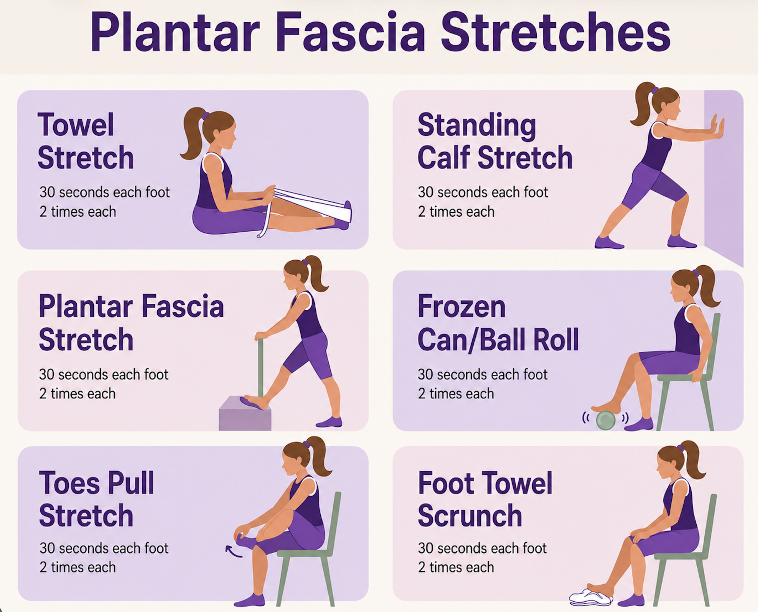 Illustrated guide to six plantar fasciitis stretches: towel stretch, standing calf stretch, plantar fascia stretch, frozen can or ball roll, toes pull stretch, and foot towel scrunch